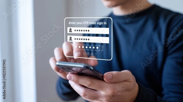 Fototapeta Person interacts with holographic screen displaying security code entry fields above a mobile device