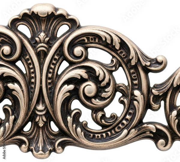 Fototapeta Decorative bronze metal relief with intricate floral scrolls isolated on a transparent background