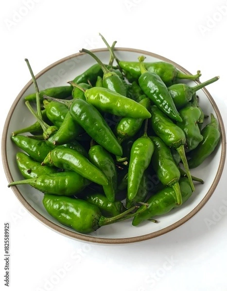 Obraz Overhead shot of numerous green chili peppers in a round bowl