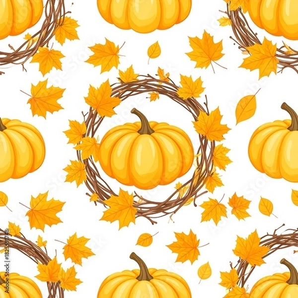 Obraz Seamless autumn pattern pumpkins, leaves, and wreaths on white