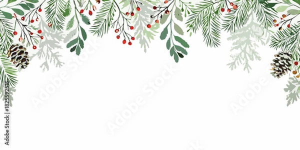 Obraz Festive floral frame with pine branches berries and cones for winter holidays
