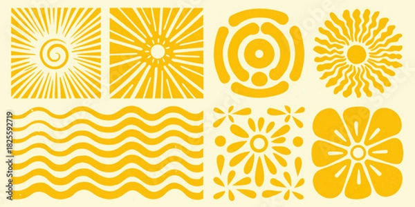 Obraz Retro yellow summer elements sun waves and floral shapes