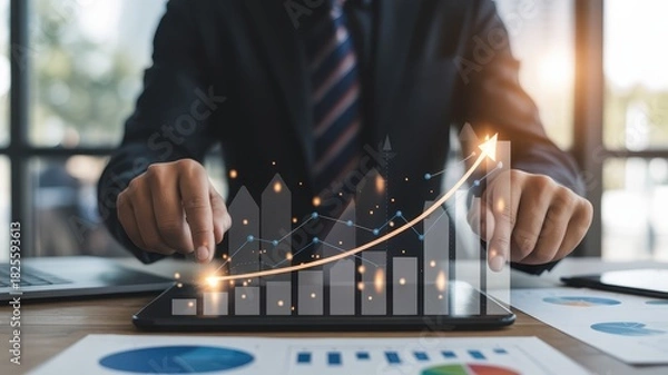 Obraz Business professional interacts with a glowing digital projection showing increasing financial performance data