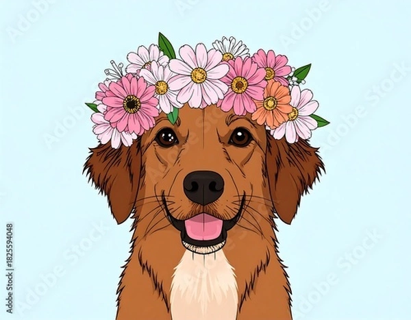 Obraz Smiling brown canine wearing a floral crown, on light blue background