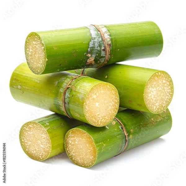 Obraz Stacked, cross-sectioned sugar cane stalks on white