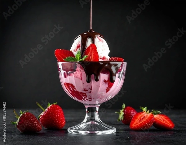 Fototapeta Sundae with ice cream, chocolate sauce, and fresh strawberries