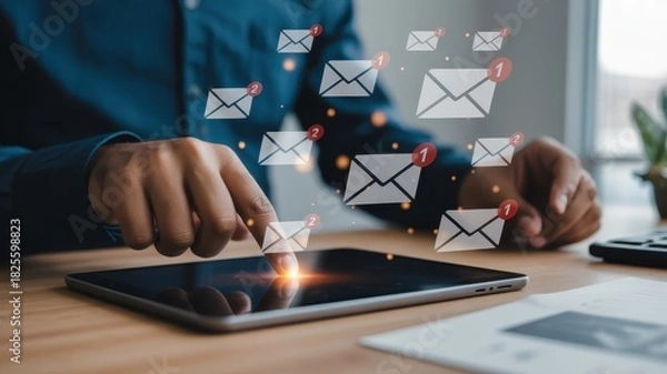 Fototapeta Person interacts with a digital tablet displaying an incoming message notification interface