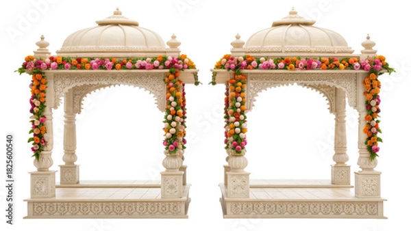 Fototapeta Two ornate mandaps decorated with colorful flower garlands isolated on transparent background