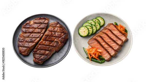 Fototapeta Two plates of grilled steak with sliced cucumber and garnish isolated on transparent background