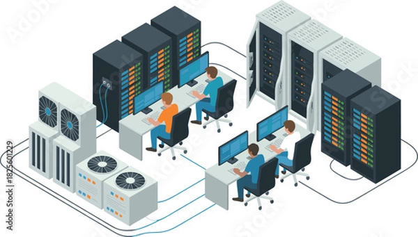 Fototapeta Isometric data center illustration, IT professionals monitoring servers, modern network infrastructure room, server racks and cooling systems in advanced technology environment