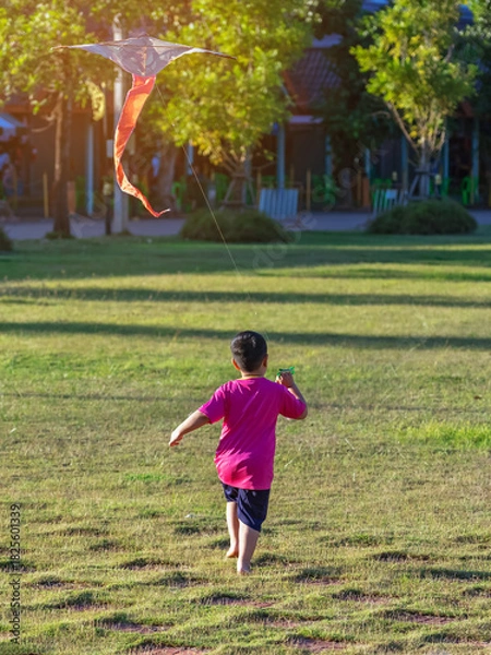 Obraz Happy young boy running across grassy field and pulling string of colorful kite. A young child having fun flying kite on windy day in open green space. Joyful moment of childhood play and freedom.