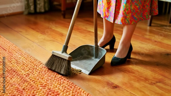 Fototapeta A woman in white uniform sweeping a shiny tile floor with a modern broom.