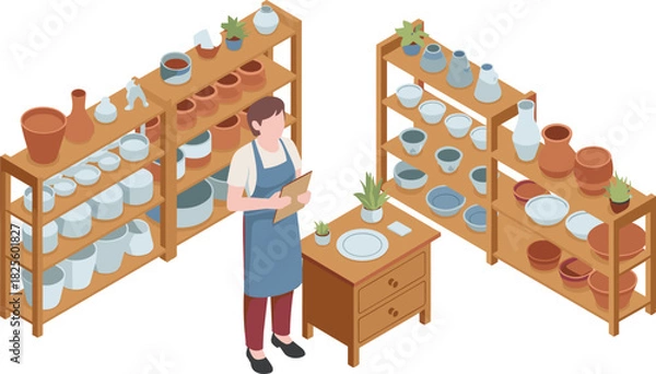 Fototapeta Isometric pottery studio illustration, artisan checking ceramic inventory, handmade clay products on shelves, craft workshop scene with potter, creative ceramic workspace design