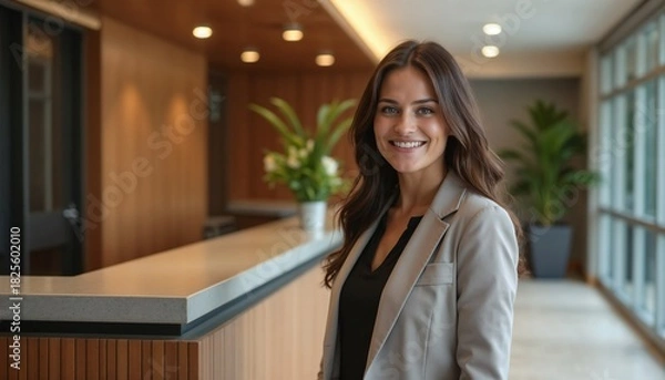Obraz Professional woman smiling at reception desk in modern office  