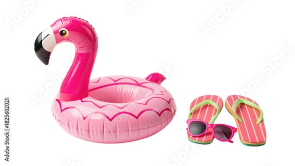 Fototapeta Pink flamingo pool float with flip flop and sunglasses isolated on transparent background