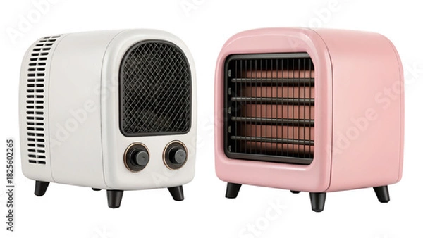 Fototapeta Two retro style small electric space heaters in white and pink isolated on transparent background