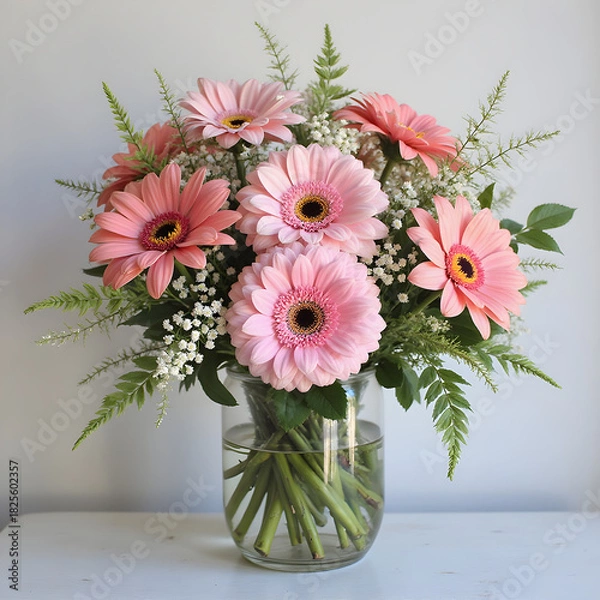 Obraz Pink gerberas in a glass vase with greenery for graduation  
