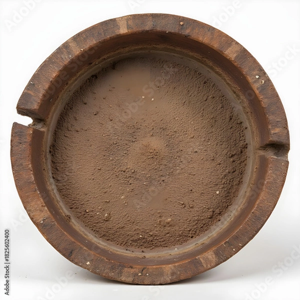 Obraz Round ashtray made of natural stone with dusty interior on neutral background.