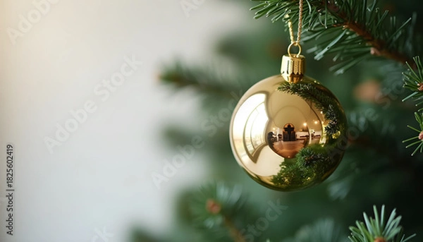 Obraz Gold Christmas ornament hanging on pine tree branch indoors  