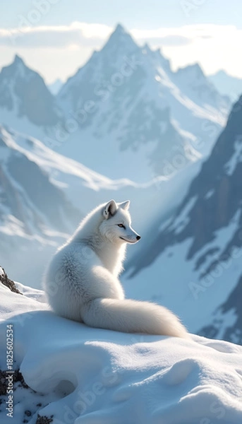 Obraz An arctic fox sits alone on a snow-capped mountain against the backdrop of magnificent peaks.