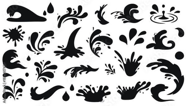 Obraz Black Water Splashes Drops Waves Swirls Liquid Elements Collection vector