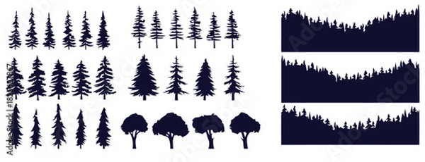 Fototapeta Dark blue pine trees and forest silhouettes on white background vector