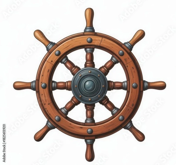 Obraz Illustration of a wooden ship's wheel with eight handles and a metal center on a white backdrop