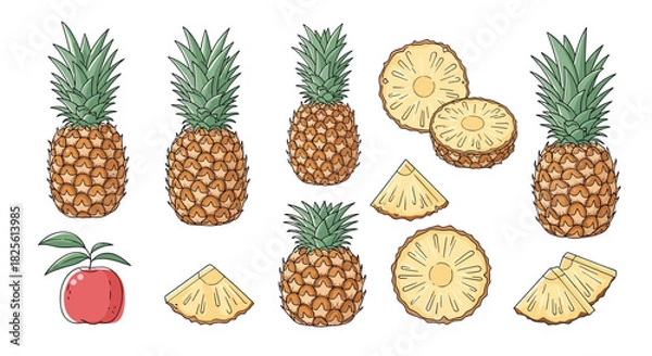Fototapeta Hand-drawn illustration showcasing fresh whole pineapples, juicy round slices, and triangular wedges, with a small red apple, on a white background.