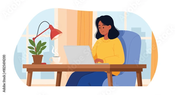 Fototapeta Young woman in a yellow sweater diligently typing on her laptop at a wooden desk in a bright, inviting home office.