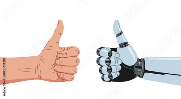 Fototapeta A human hand and a futuristic robot hand both giving a thumbs-up, signifying positive human-AI collaboration and approval of technology.