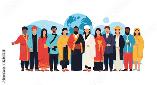 Fototapeta Diverse group of people from various cultures and religions standing united globally, symbolizing peace and coexistence.