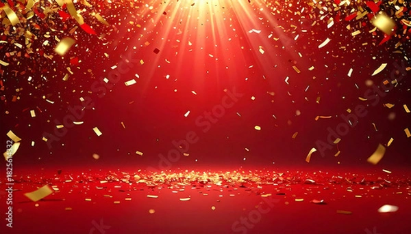 Obraz 金の紙吹雪。光。背景赤。遠近感。立体感。Gold confetti. Light. Red background. Perspective. Three-dimensional effect.