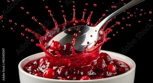 Obraz Delicious cranberry sauce with a vibrant splash, perfect for Thanksgiving promotions, holiday recipes, and festive food displays that evoke warmth and joy
