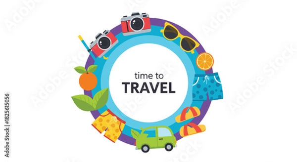 Fototapeta A vibrant circular illustration showcasing essential travel items for a fun summer vacation, with 'time to TRAVEL' at the center.