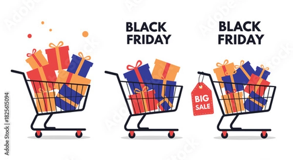 Fototapeta Three shopping carts overflowing with wrapped gift boxes for Black Friday sales and big discounts.