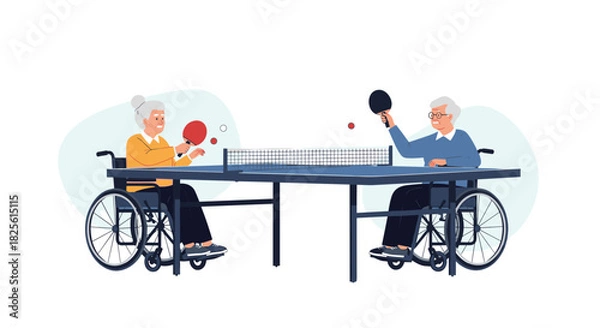 Fototapeta An active senior couple with mobility challenges joyfully engages in a competitive game of table tennis, showcasing inclusivity and healthy aging.