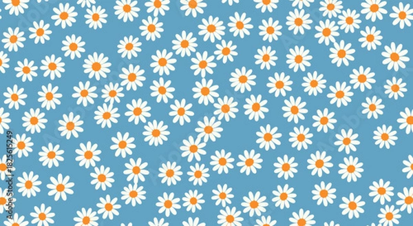 Fototapeta A delightful seamless pattern featuring numerous white daisy flowers with bright orange centers, scattered across a cheerful blue background.