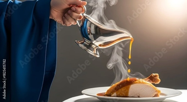 Obraz Delicious roasted turkey leg being drizzled with steaming gravy from a silver gravy boat for a holiday feast, promising comfort and family togetherness
