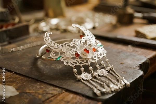 Obraz Intricate silver filigree headpiece with red gemstones and dangling beads on a wooden workbench