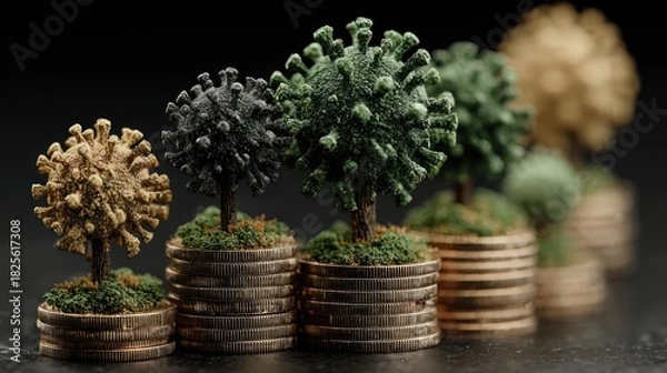 Fototapeta Conceptual image of virus-shaped trees growing from stacks of coins representing economic impact
