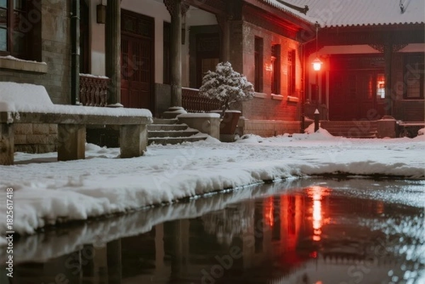 Obraz Snow-covered courtyard with traditional architecture and red lantern light reflecting in a puddle