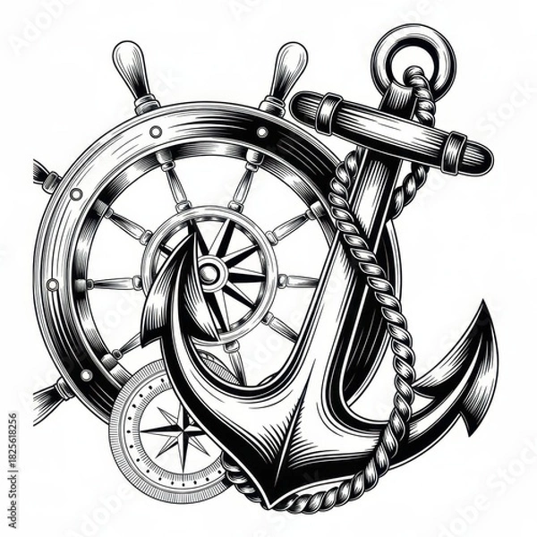 Obraz Detailed monochrome illustration of a ship's wheel, anchor, rope and compass on white backdrop