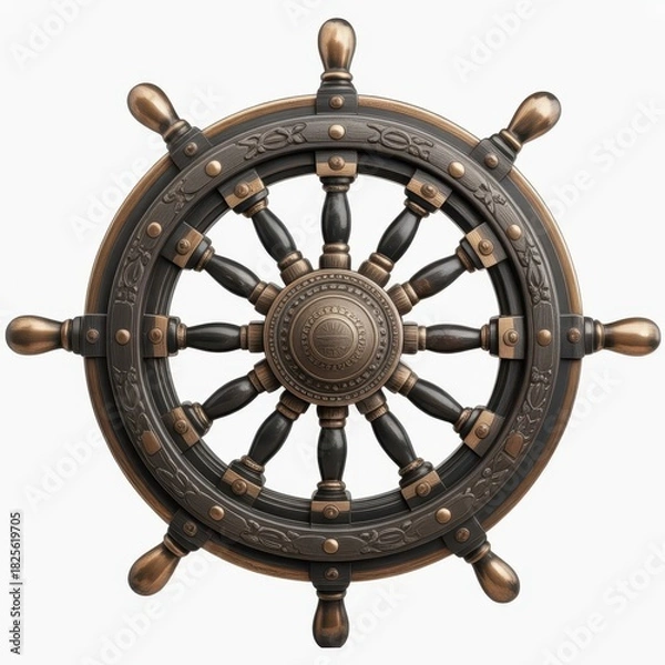 Obraz Detailed ornate ship wheel with bronze accents, nautical theme, vintage style, on white backdrop