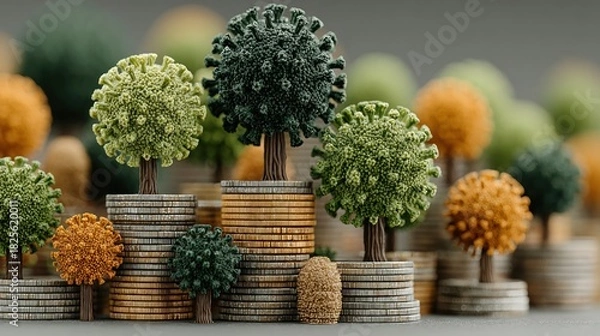 Fototapeta Conceptual image of trees shaped like viruses growing on stacks of coins representing financial