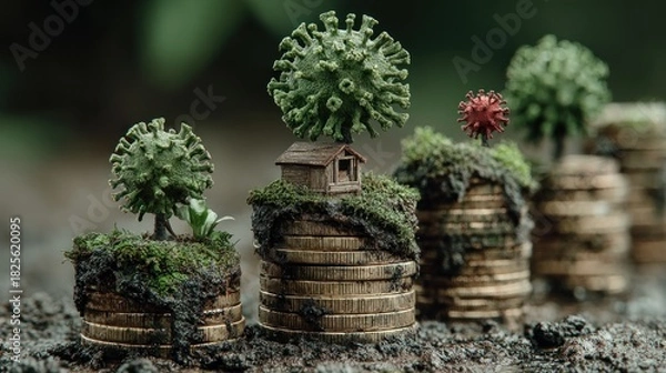 Fototapeta Conceptual image of virus growing on money representing economic impact and growth