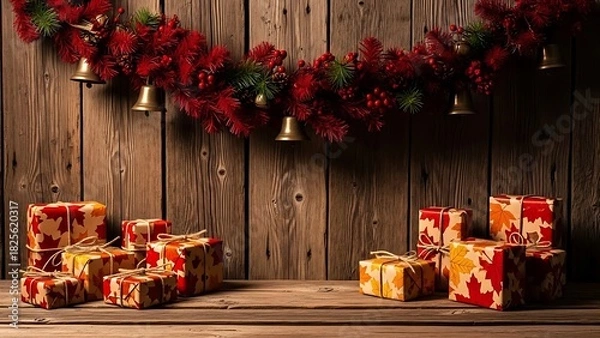 Fototapeta Warm and inviting rustic Christmas display with beautifully wrapped gifts and a festive garland with jingle bells