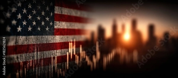 Fototapeta American flag with a stock market graph overlayed over a blurred city skyline at sunset