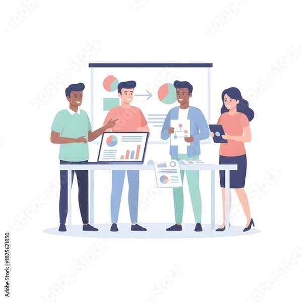 Fototapeta Coworkers discussing project ideas in a flat business illustration