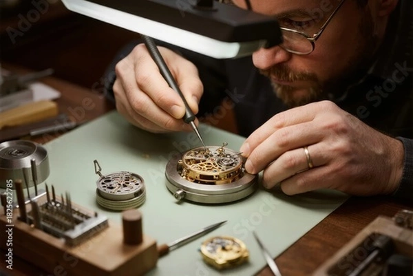 Obraz A craftsman meticulously repairs a mechanical watch using precision tools under a magnifying lamp.