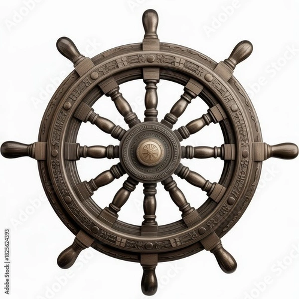 Obraz Detailed close up of a vintage ship's wheel with intricate carvings and central brass detail